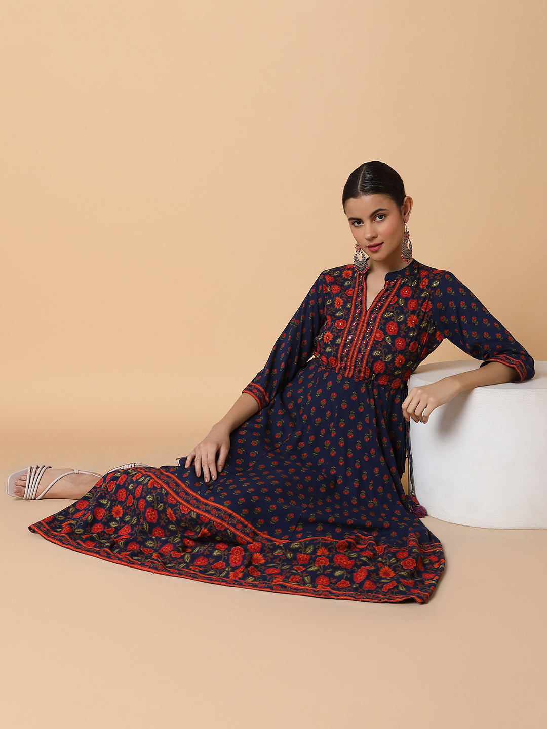 Women Floral Navy Blue Anarkali Kurta