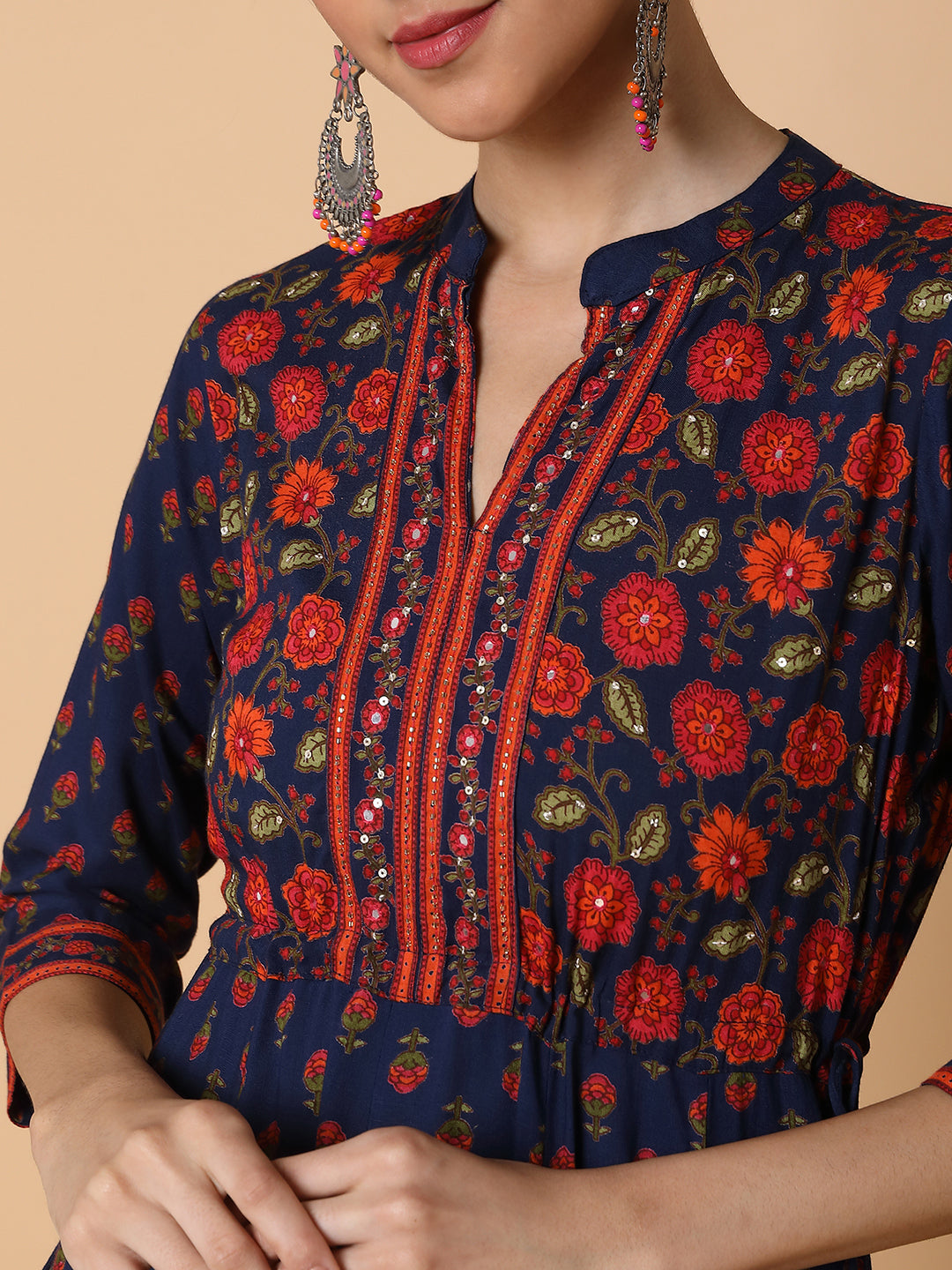 Women Floral Navy Blue Anarkali Kurta