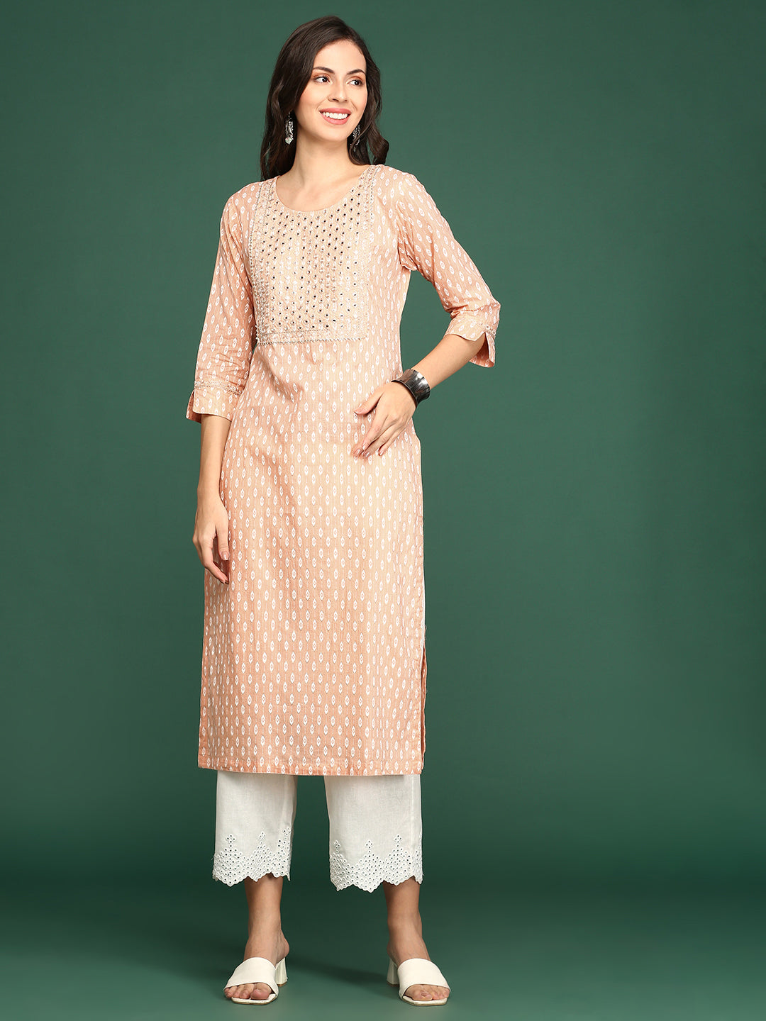 Women's Peach Printed Straight Kurta