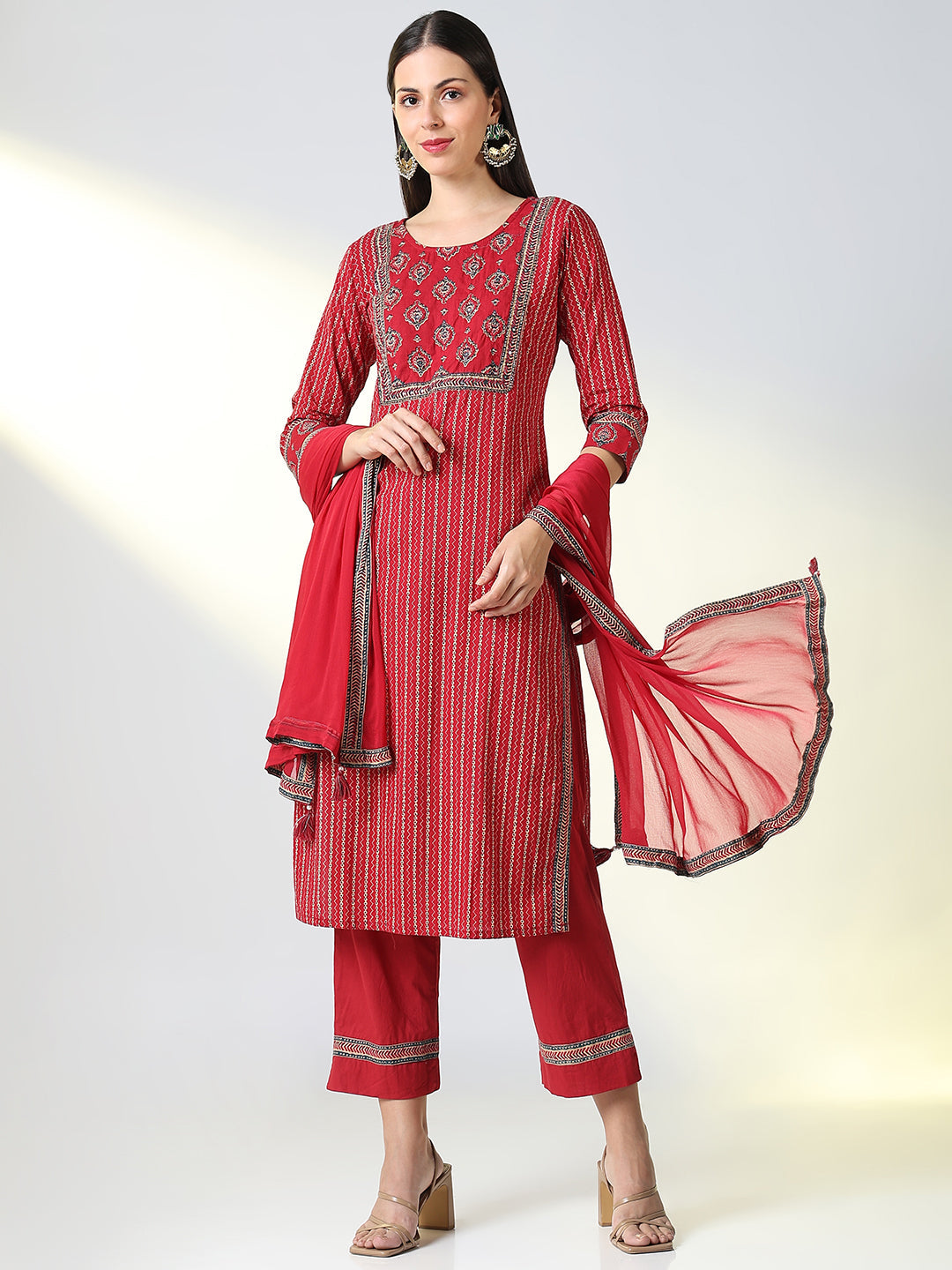 Women Maroon Striped Straight Kurta Set with Dupatta