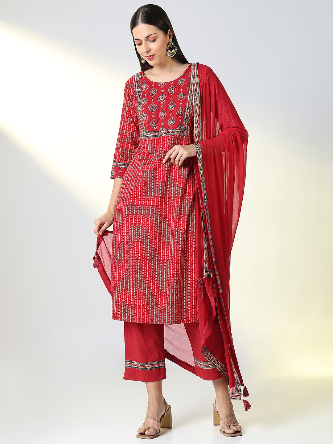 Women Maroon Striped Straight Kurta Set with Dupatta