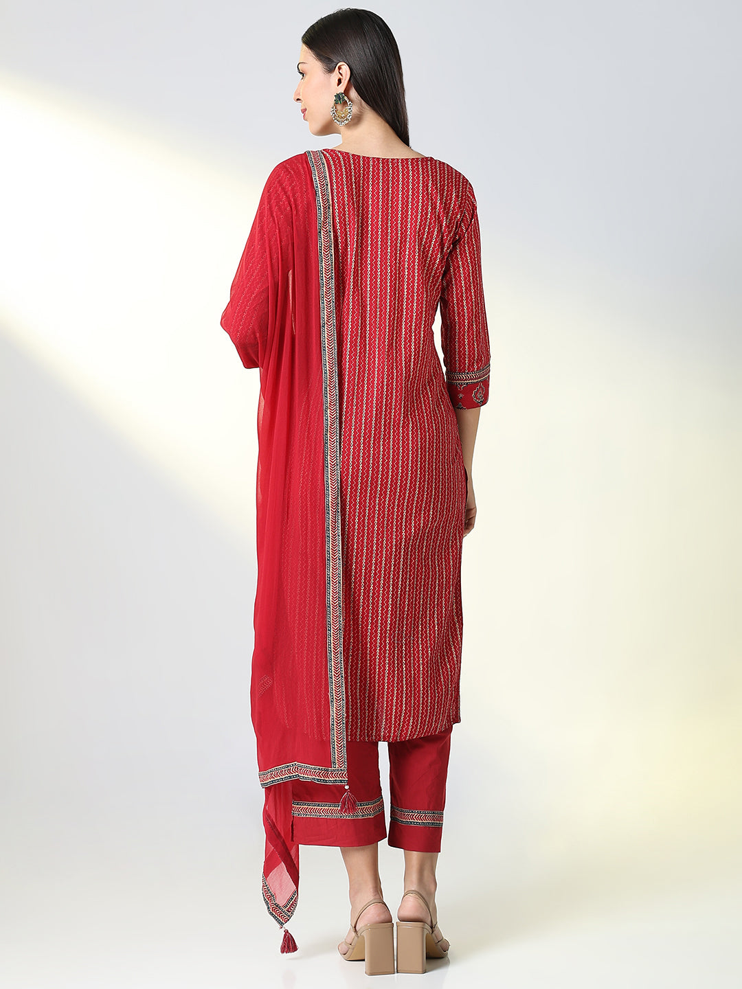 Women Maroon Striped Straight Kurta Set with Dupatta