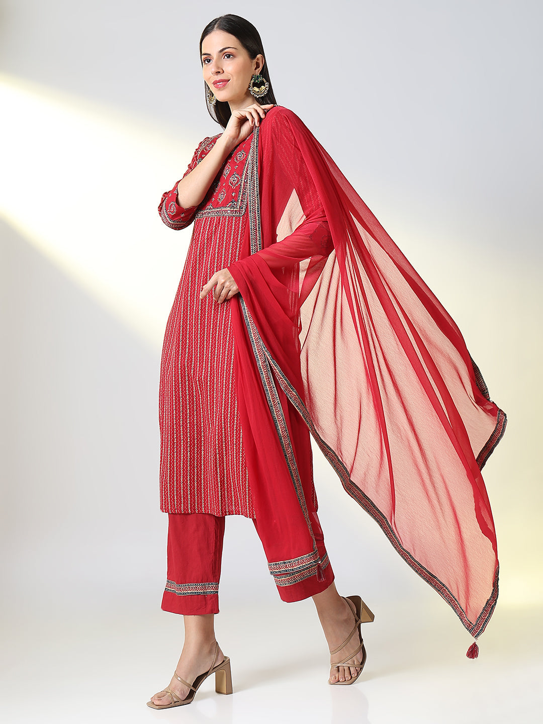 Women Maroon Striped Straight Kurta Set with Dupatta