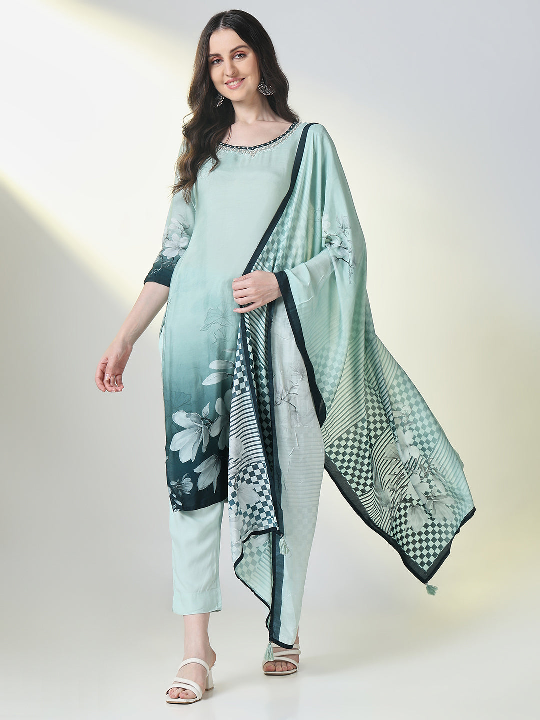 Women Sea Green Floral Straight Kurta Set with Dupatta