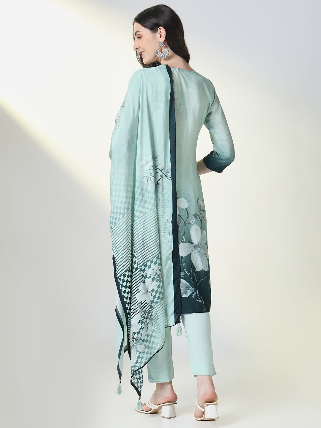 Women Sea Green Floral Straight Kurta Set with Dupatta