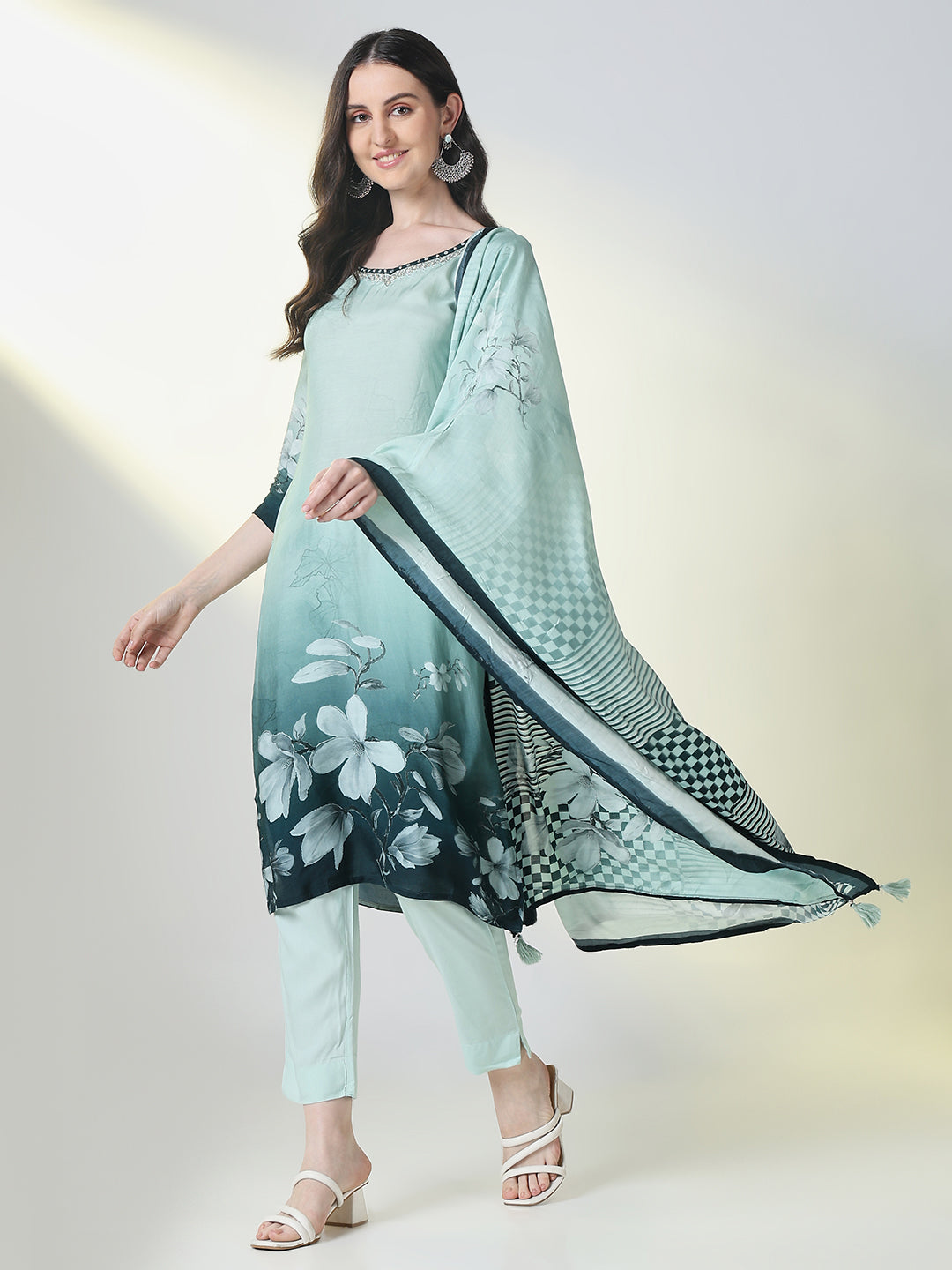 Women Sea Green Floral Straight Kurta Set with Dupatta