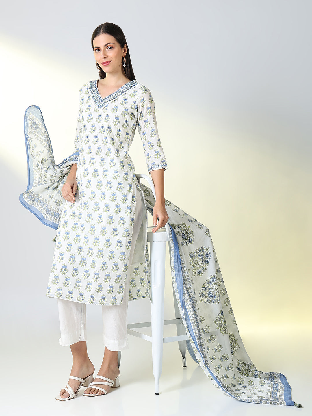 Women White Graphic Straight Kurta Set with Dupatta