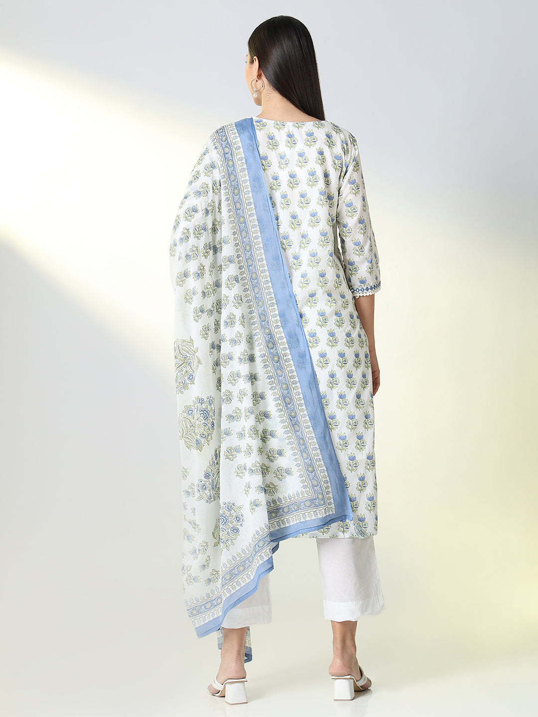 Women White Graphic Straight Kurta Set with Dupatta