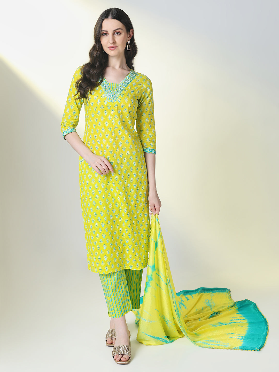 Women Yellow Floral Straight Kurta Set with Dupatta