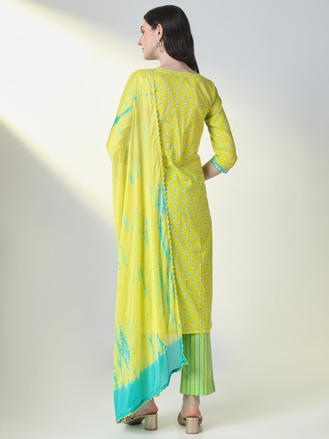 Women Yellow Floral Straight Kurta Set with Dupatta