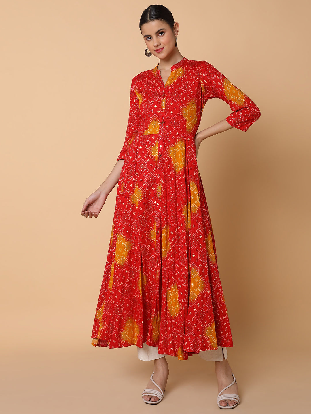 Women Anarkali Empire Red Bandhani Kurta