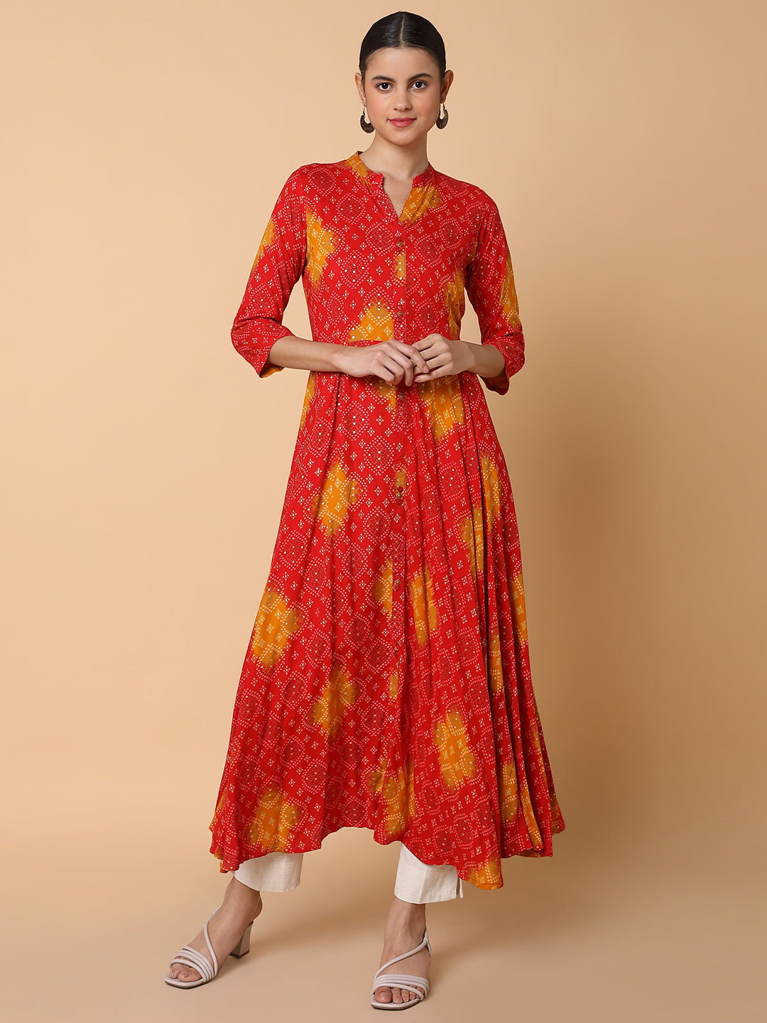 Women Anarkali Empire Red Bandhani Kurta