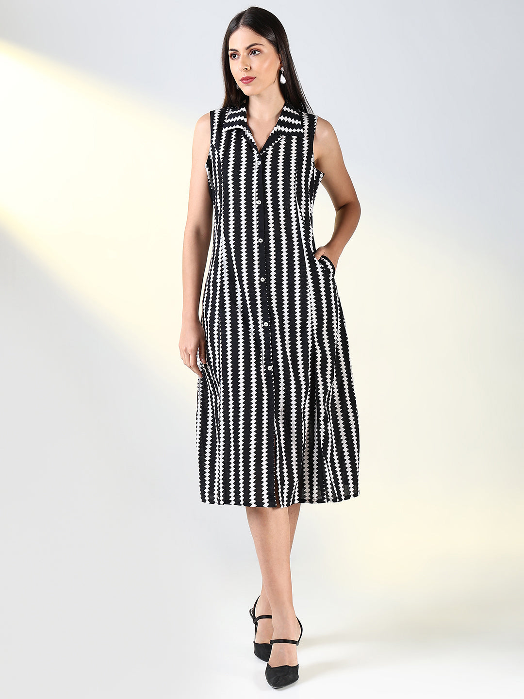 Women Black Striped A Line Dress