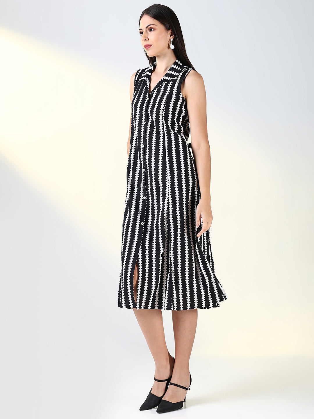 Women Black Striped A Line Dress