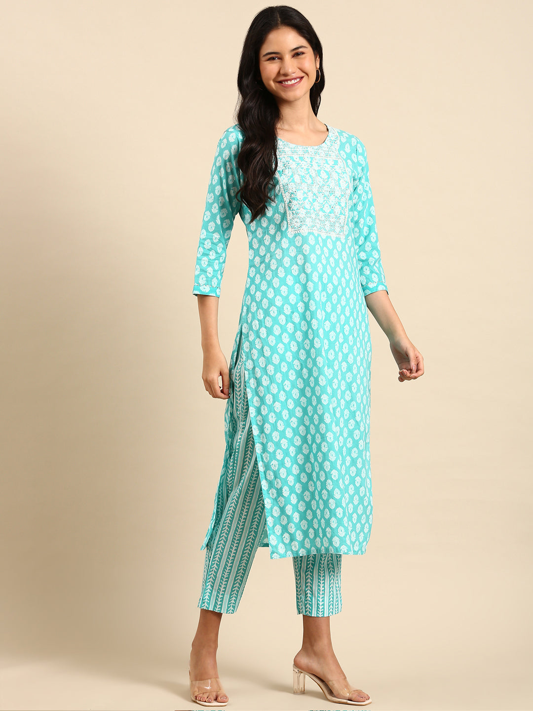 Women Graphic Blue Straight Kurta Set with Dupatta