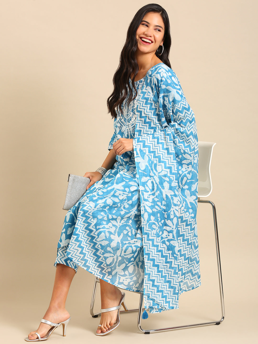 Women Abstract Blue Straight Kurta Set with Dupatta