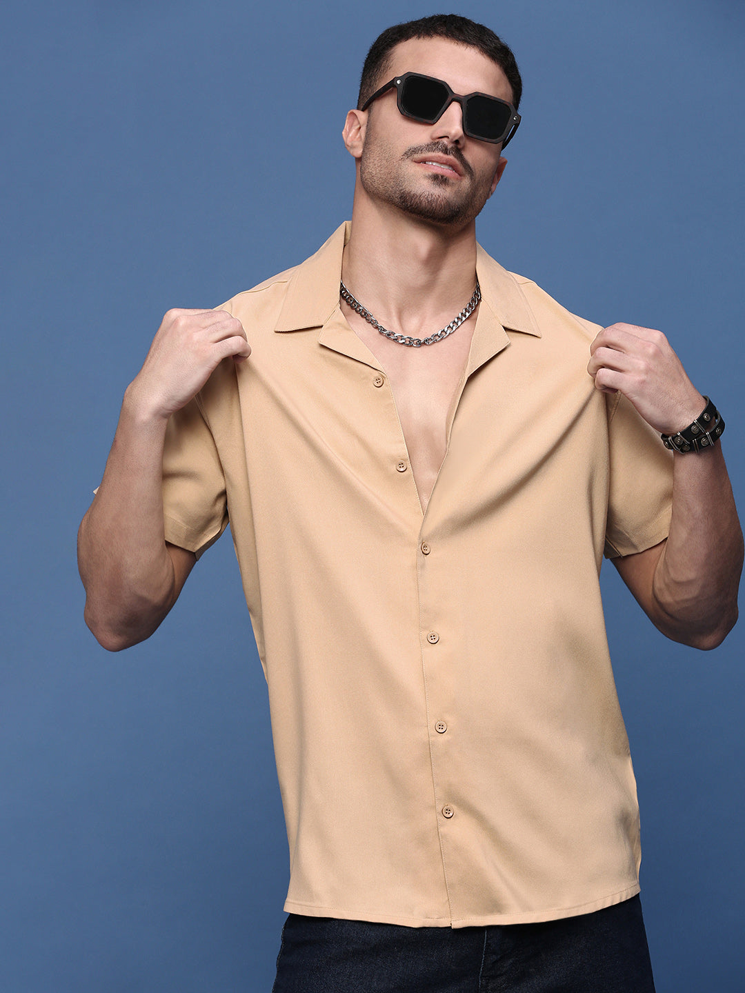 Men Beige Solid Cuban Collar Shirt