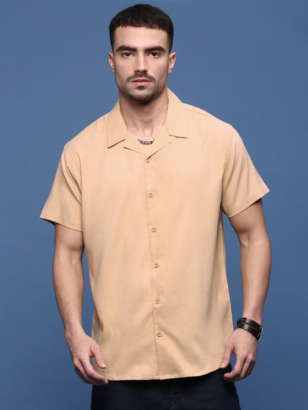 Men Beige Solid Cuban Collar Shirt