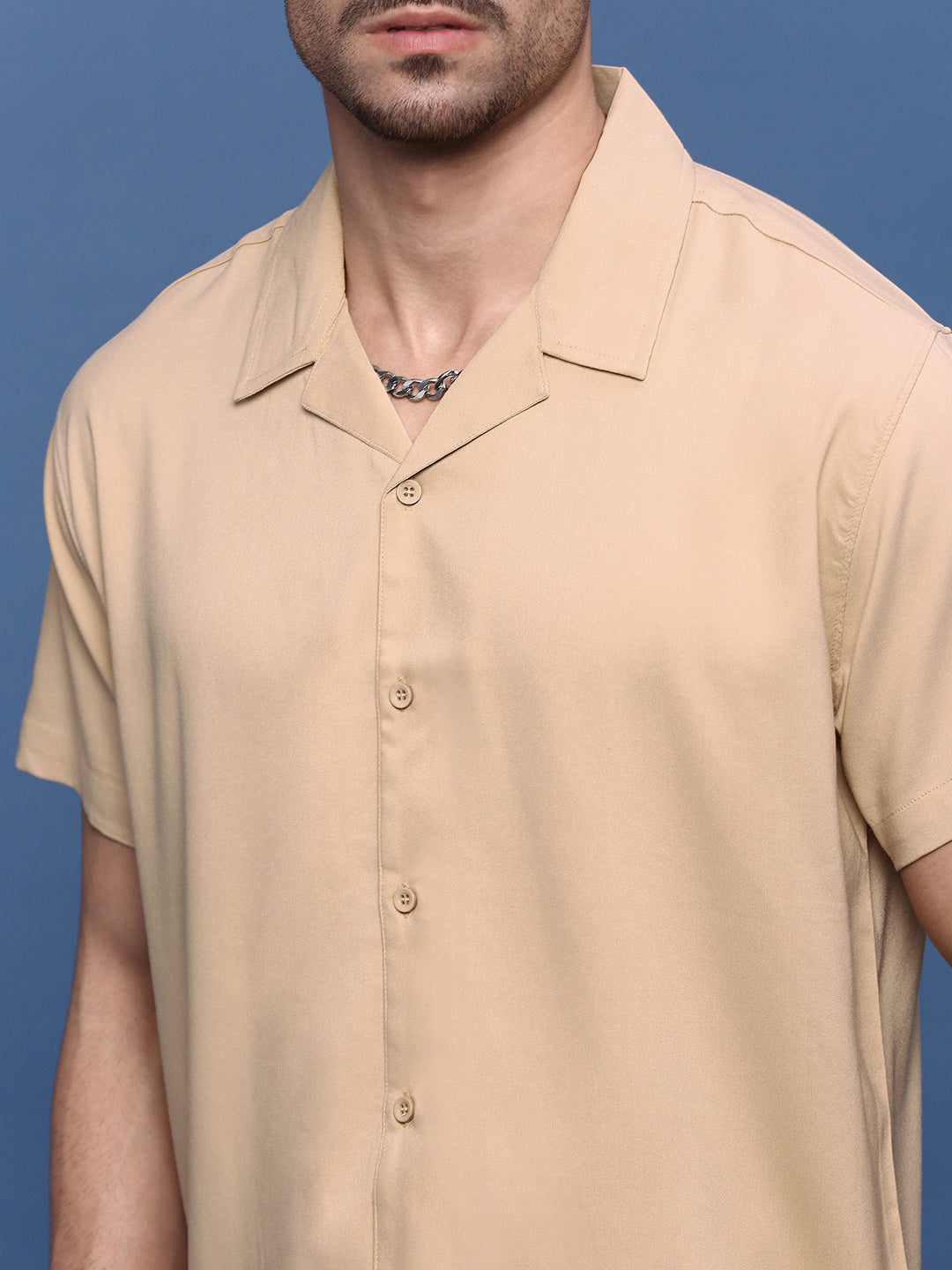 Men Beige Solid Cuban Collar Shirt