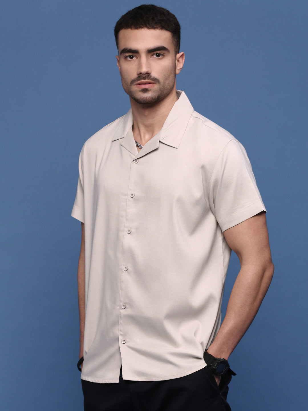 Men Cream Solid Cuban Collar Shirt