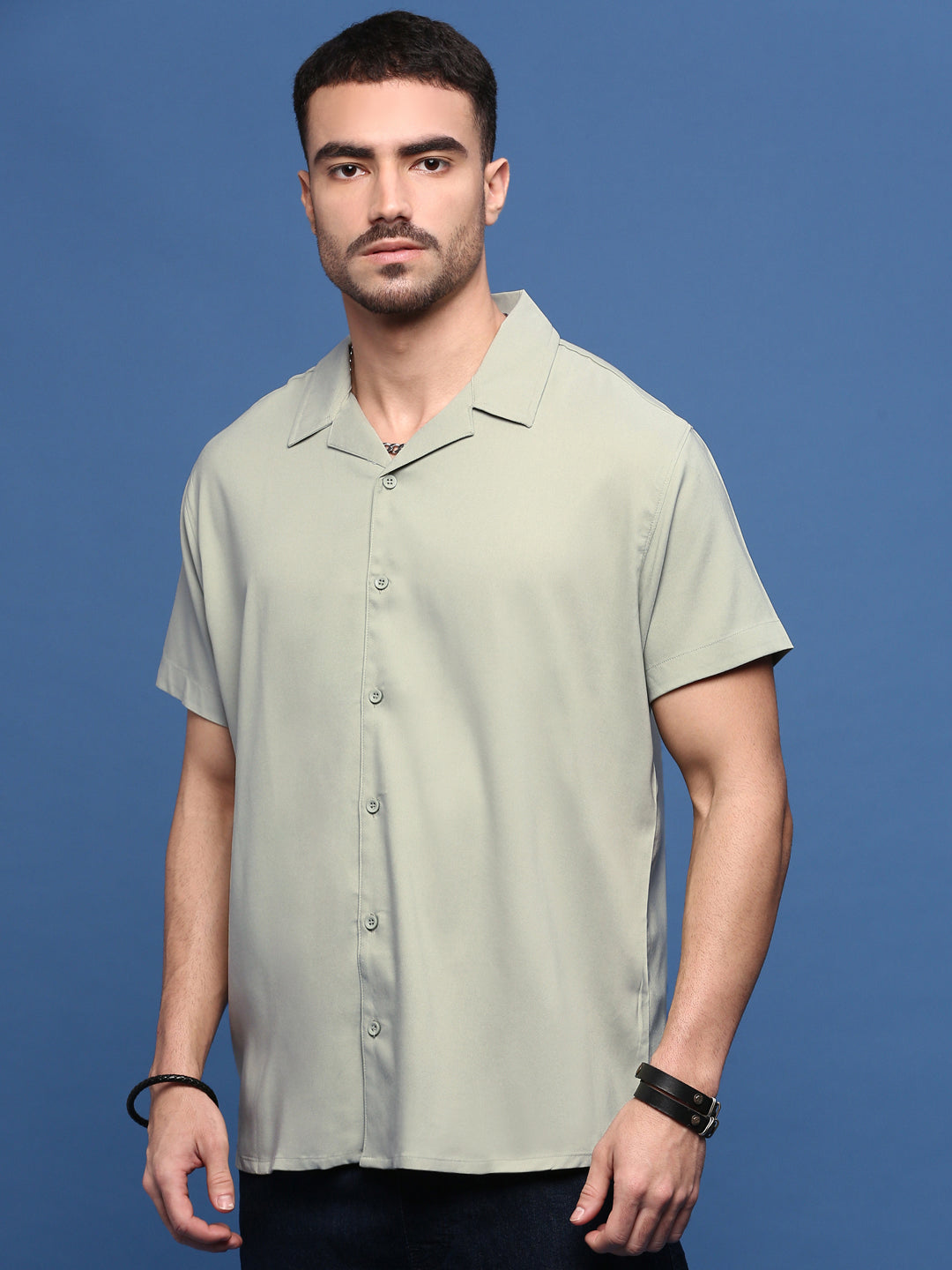 Men Green Solid Cuban Collar Shirt