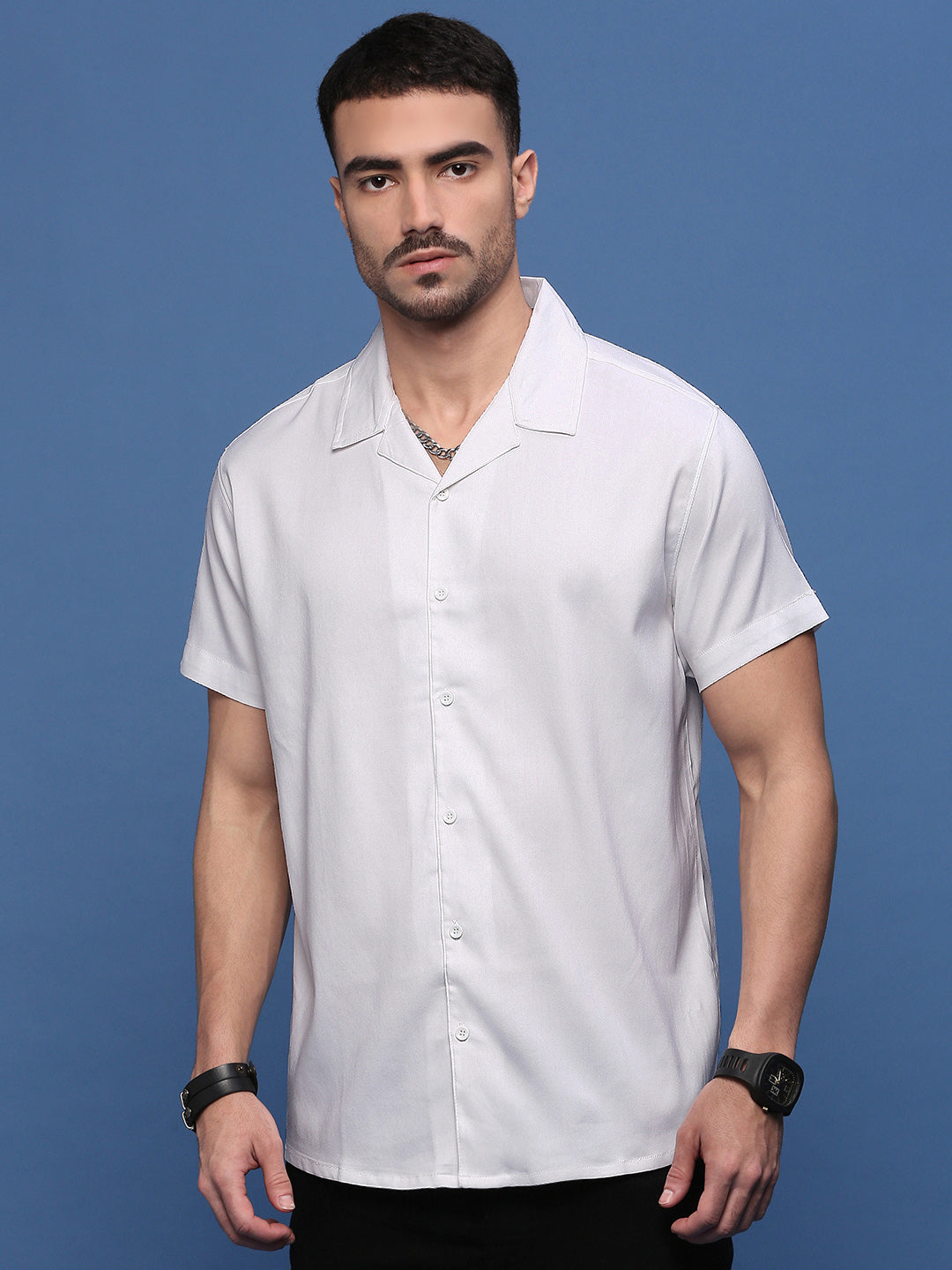 Men White Solid Cuban Collar Shirt