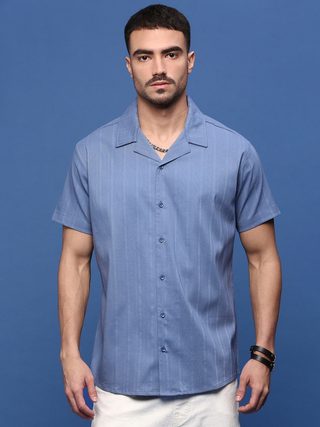 Men Blue Solid Cuban Collar Shirt