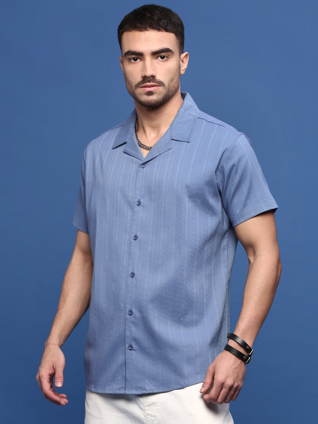 Men Blue Solid Cuban Collar Shirt