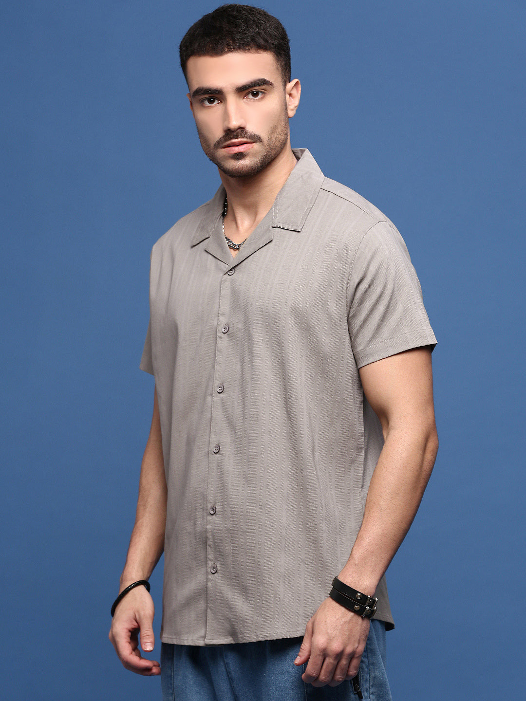 Men Grey Solid Cuban Collar Shirt