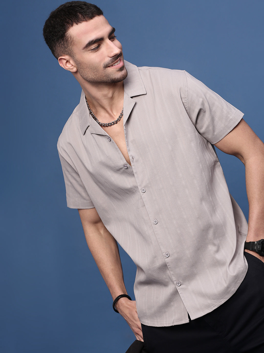 Men Grey Solid Cuban Collar Shirt