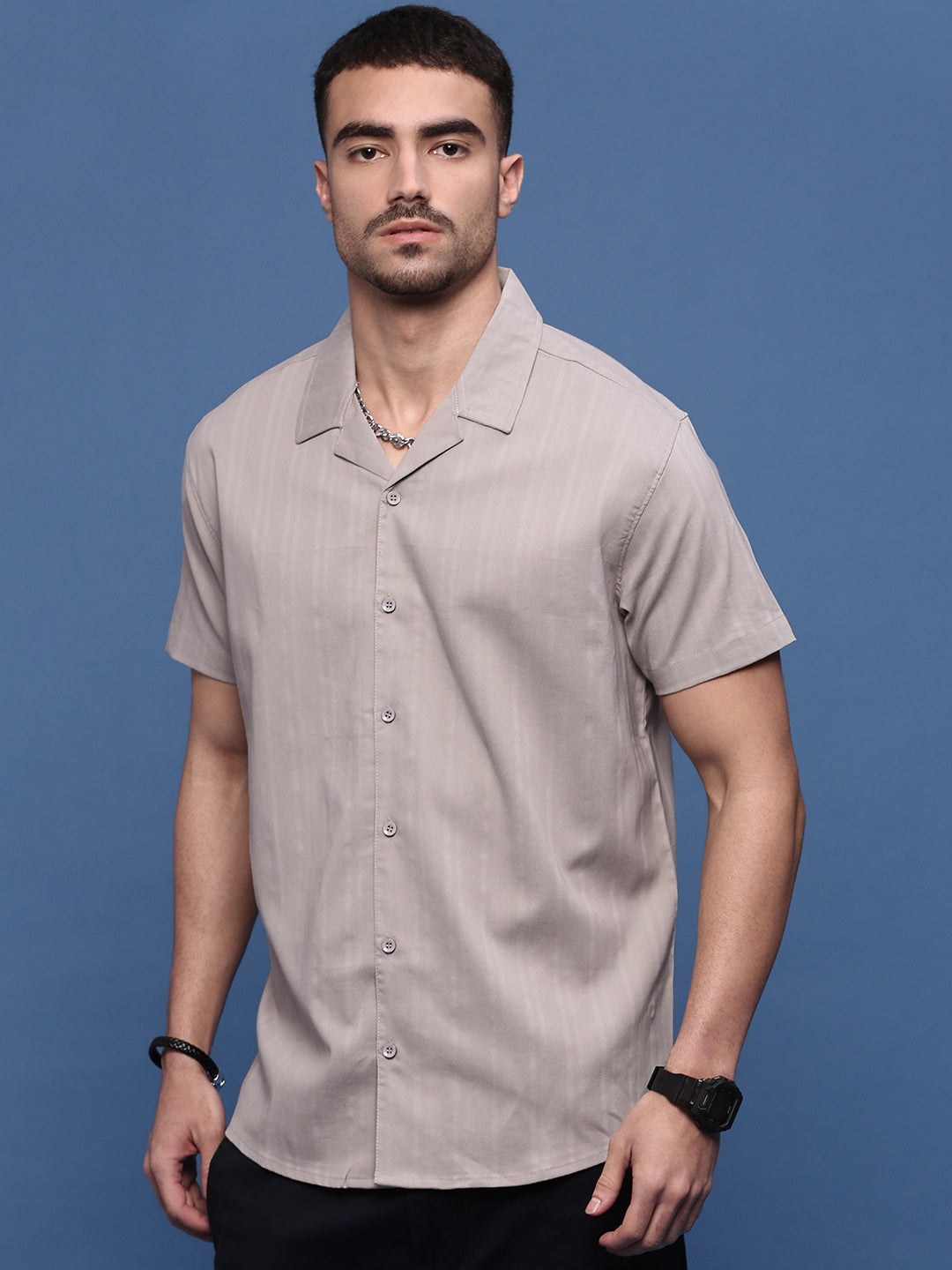 Men Grey Solid Cuban Collar Shirt