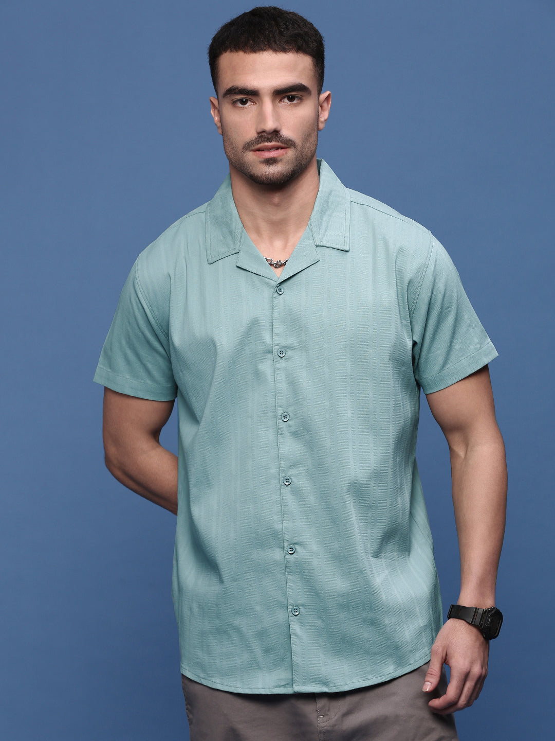 Men Turquoise Blue Solid Cuban Collar Shirt