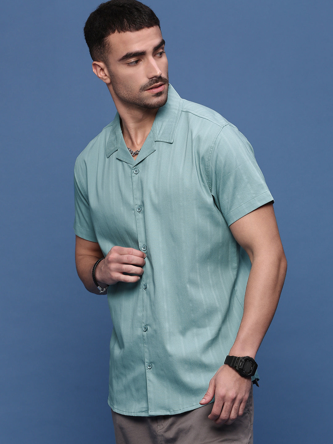 Men Turquoise Blue Solid Cuban Collar Shirt