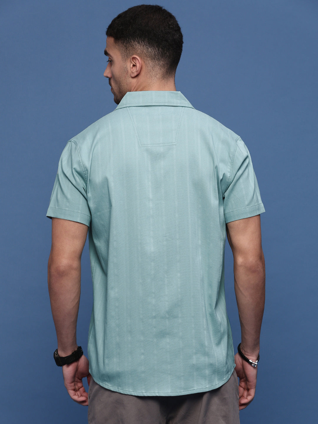 Men Turquoise Blue Solid Cuban Collar Shirt