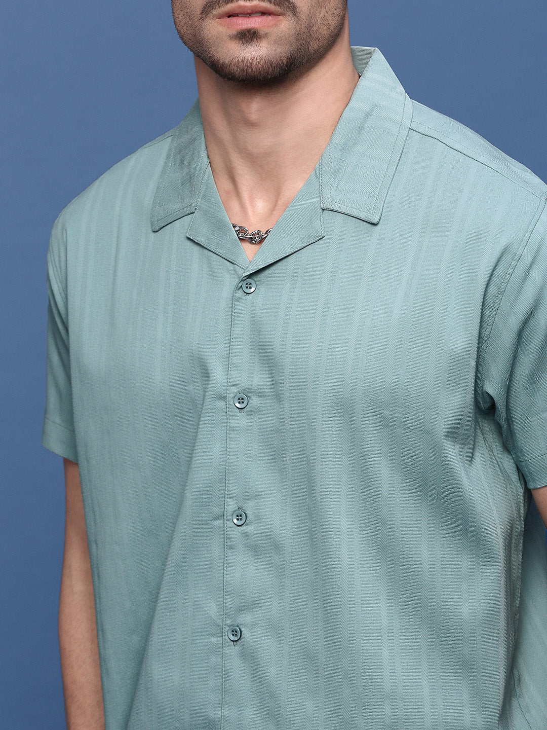 Men Turquoise Blue Solid Cuban Collar Shirt