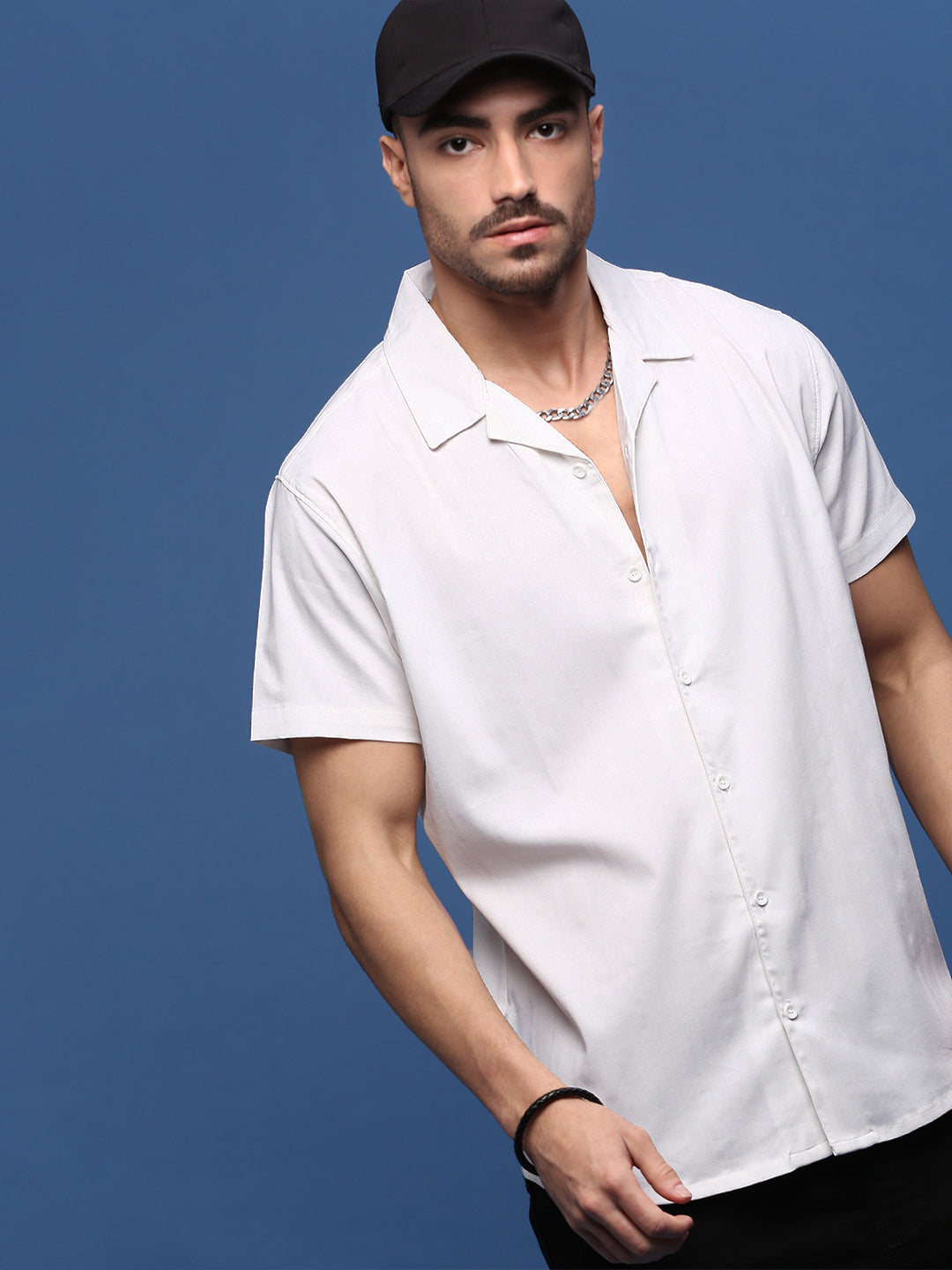 Men White Solid Cuban Collar Shirt