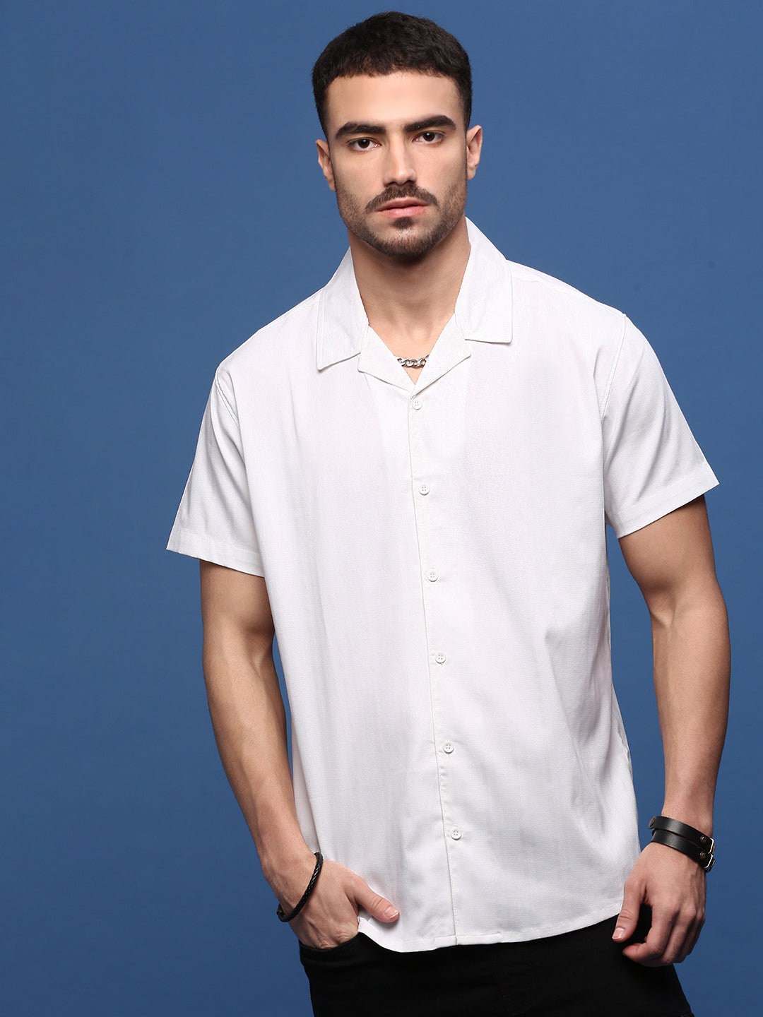 Men White Solid Cuban Collar Shirt