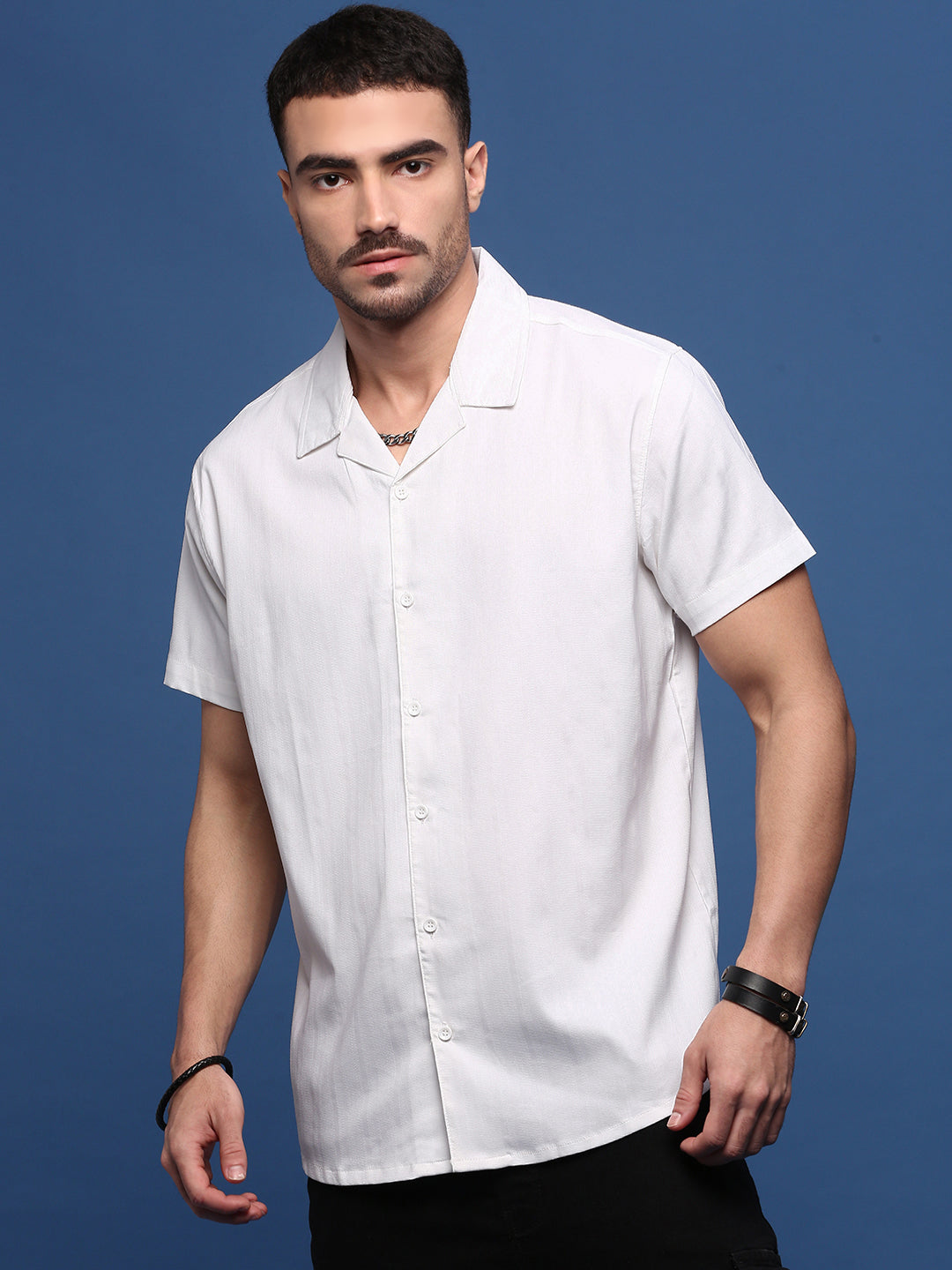 Men White Solid Cuban Collar Shirt