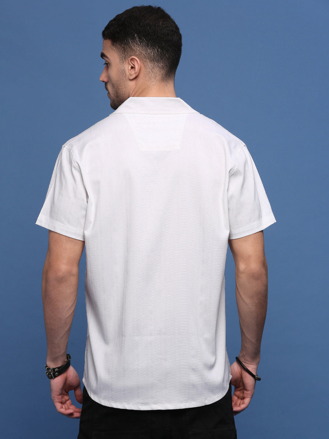 Men White Solid Cuban Collar Shirt