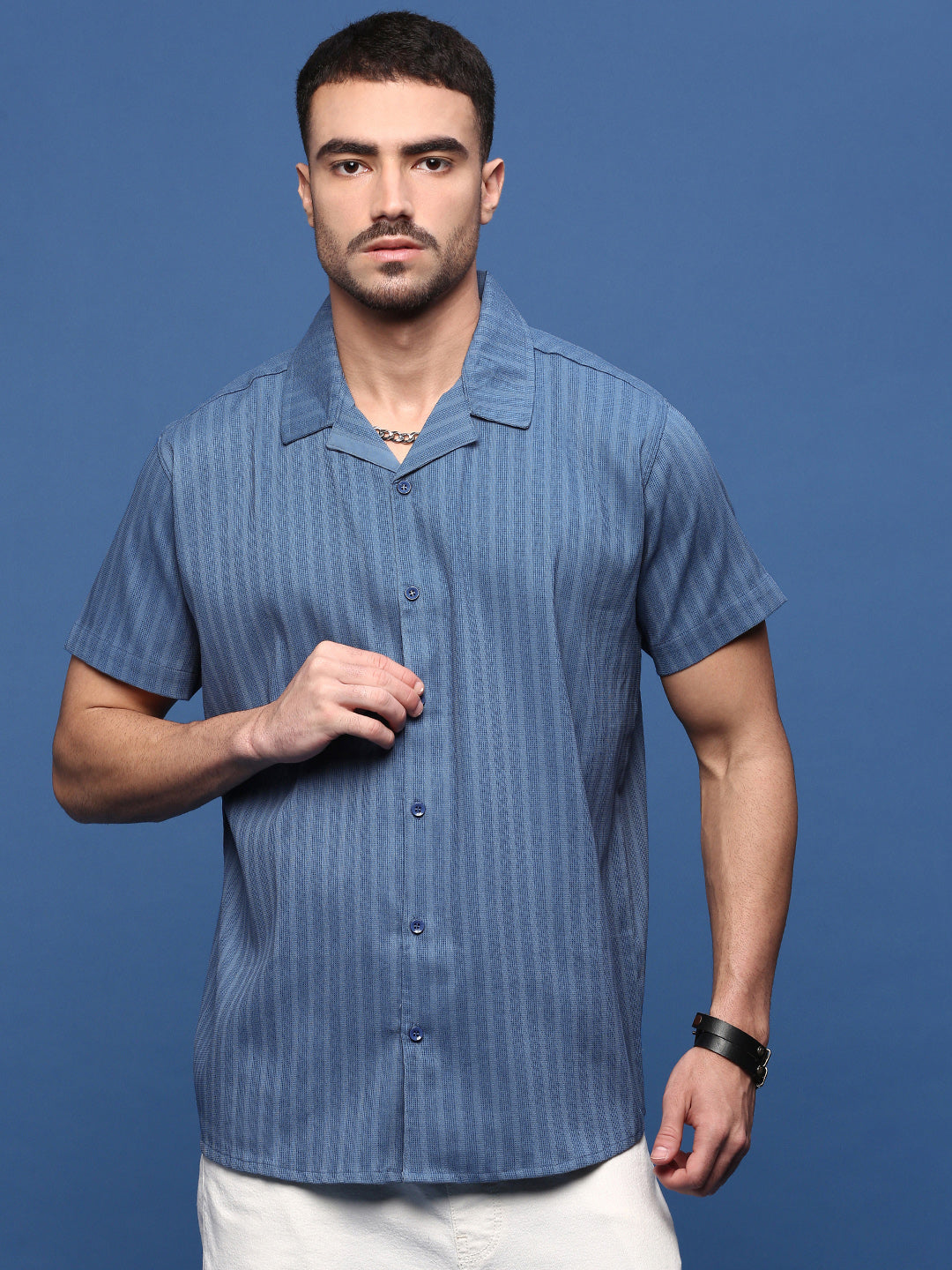 Men Blue Solid Cuban Collar Shirt