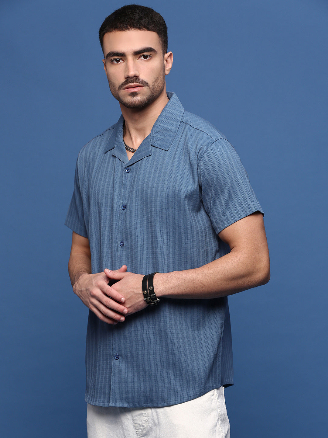 Men Blue Solid Cuban Collar Shirt