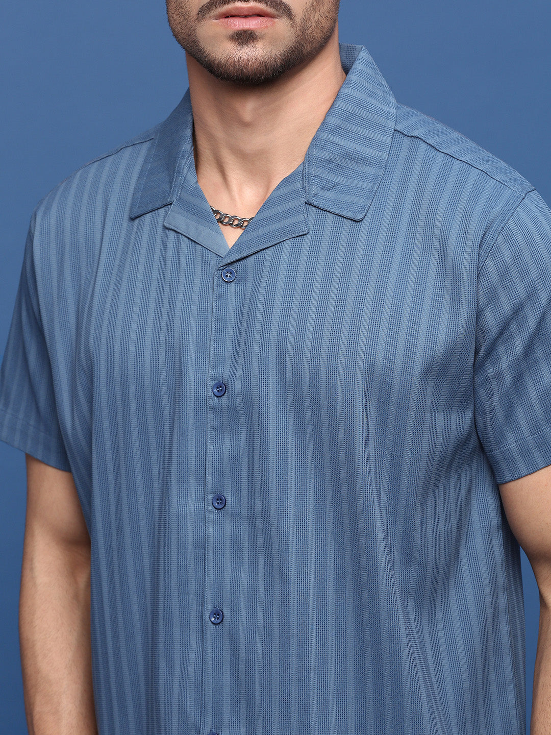 Men Blue Solid Cuban Collar Shirt