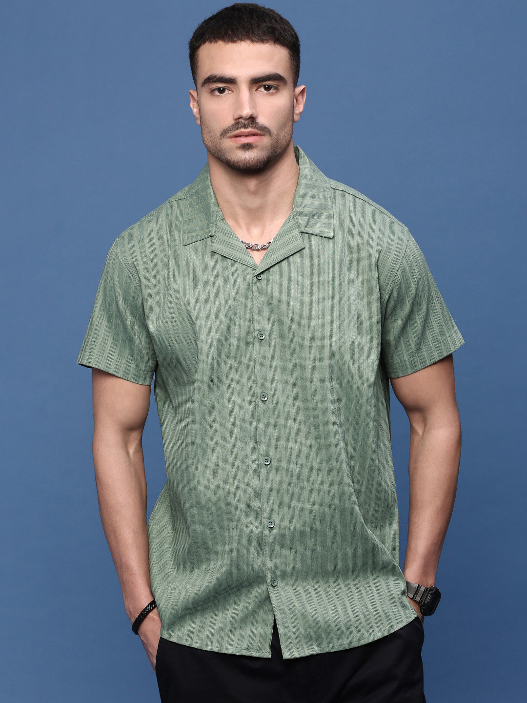 Men Green Solid Cuban Collar Shirt