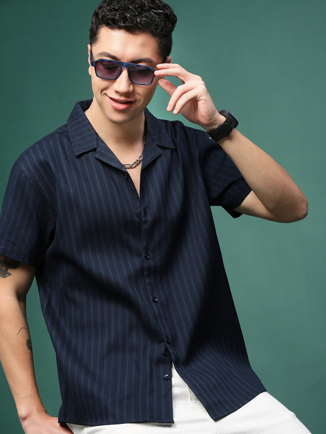 Men Navy Blue Solid Cuban Collar Shirt