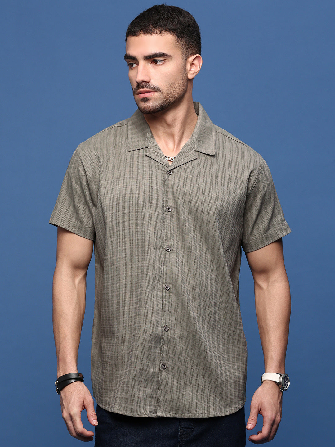 Men Olive Solid Cuban Collar Shirt