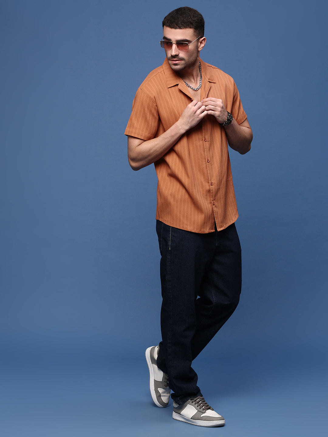 Men Orange Solid Cuban Collar Shirt