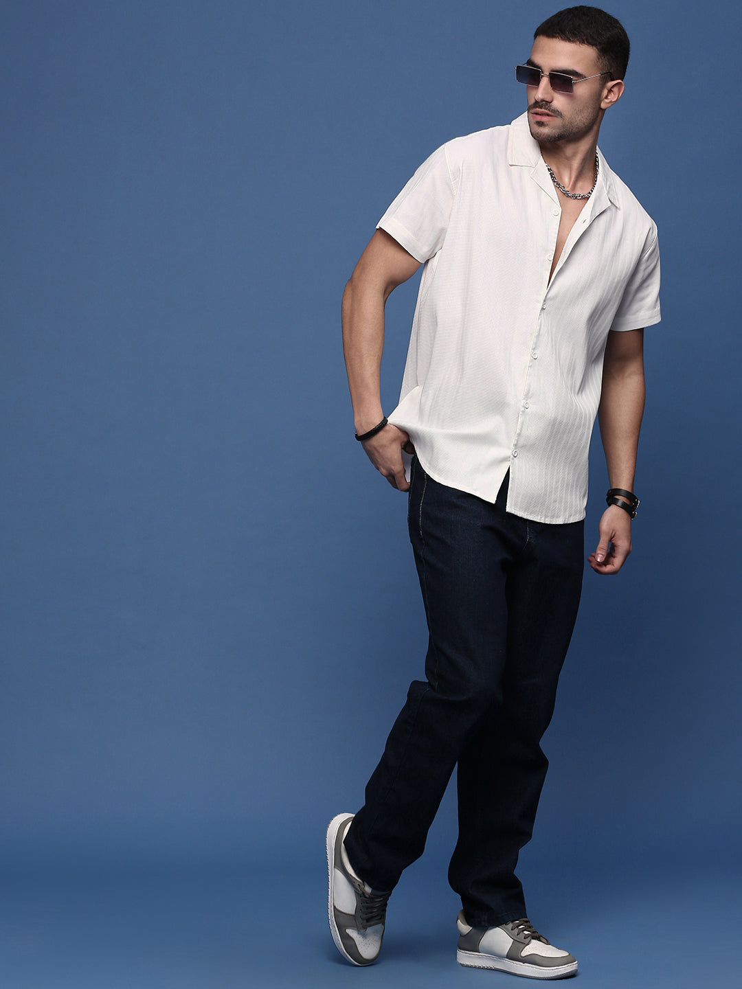 Men White Solid Cuban Collar Shirt