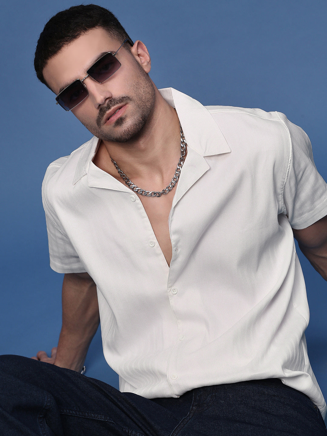 Men White Solid Cuban Collar Shirt