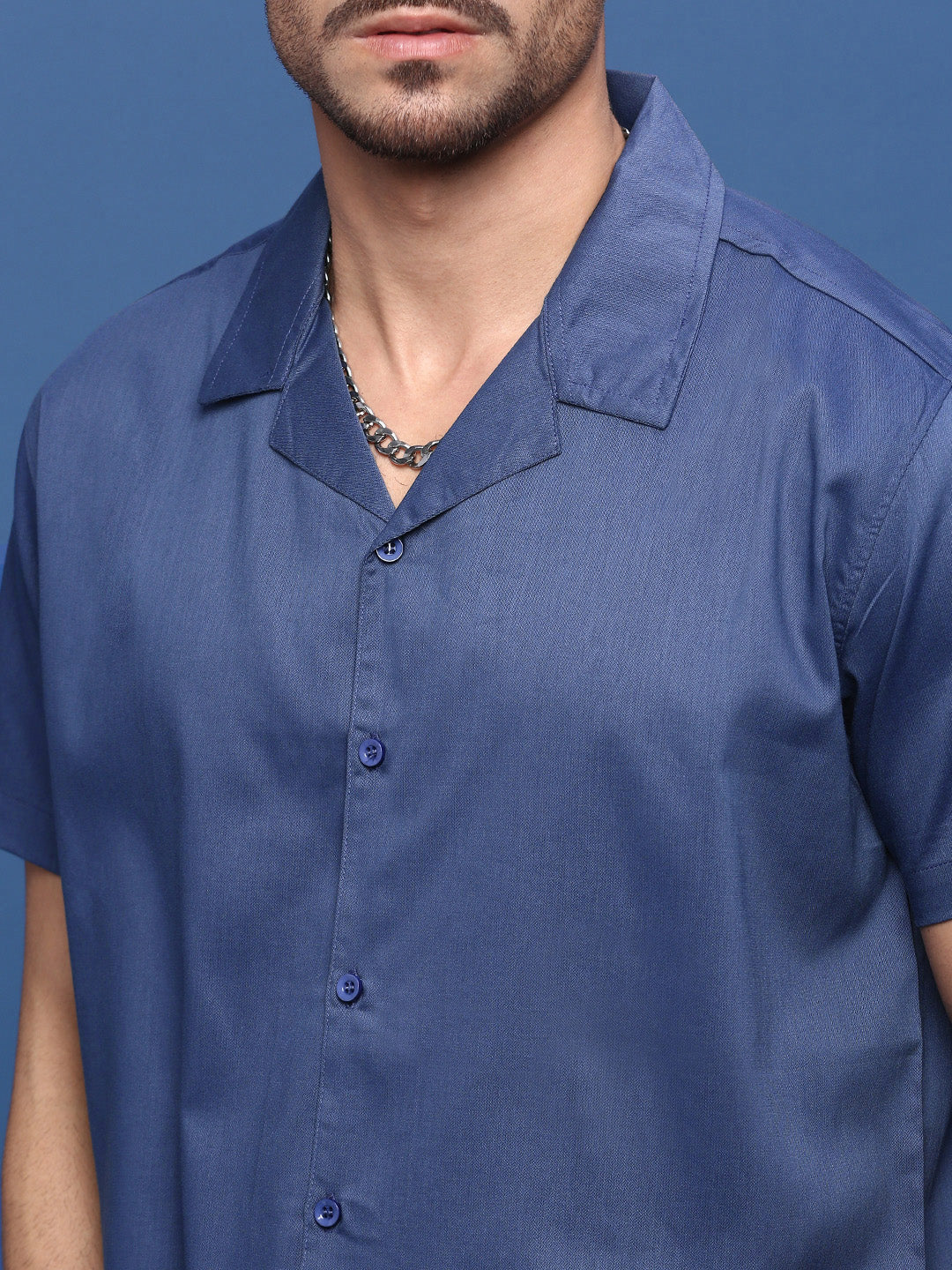 Men Blue Solid Cuban Collar Shirt