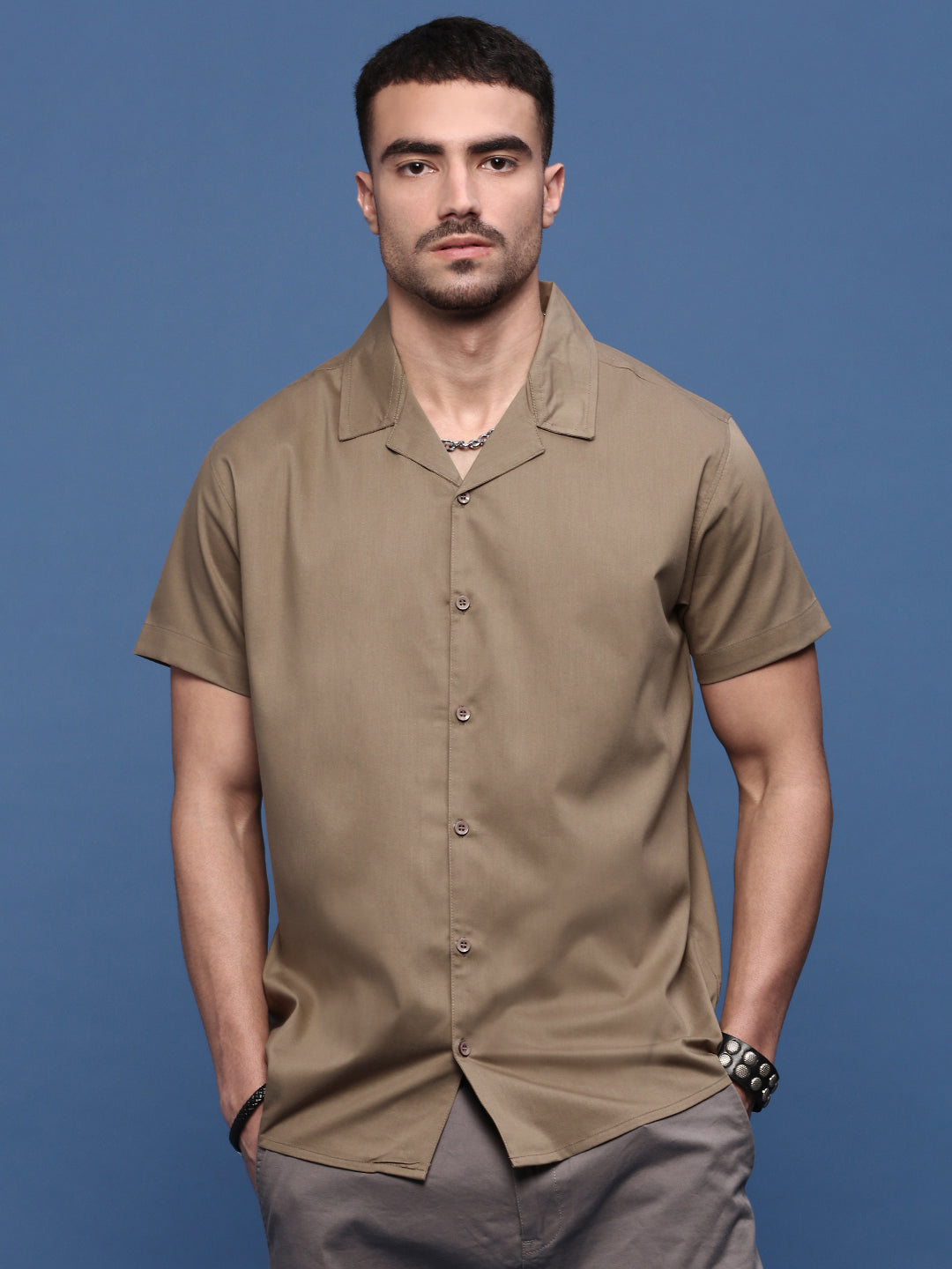 Men Brown Solid Cuban Collar Shirt